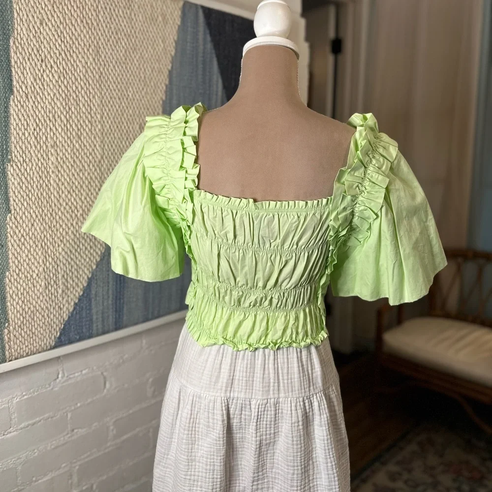 Zara Green Ruffle Statement Sleeve Ruched Blouse - Picture 7 of 8